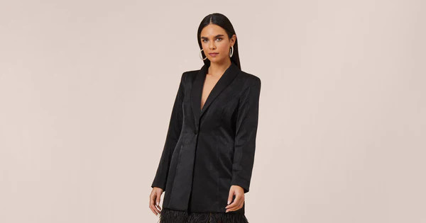 Charmeuse Tuxedo Short Sheath Cocktail Dress With Feather Trim In Black | Adrianna Papell