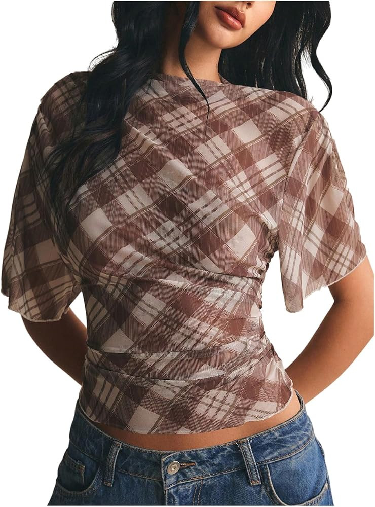 Milumia Women's Plaid Mesh Sheer Short Sleeve Top Boat Neck Crop Tee Blouse | Amazon (US)
