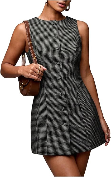 SOLY HUX Women's Plaid Button Down Dress Crew Neck Sleeveless Tie Back Work Office Mini Dresses | Amazon (US)