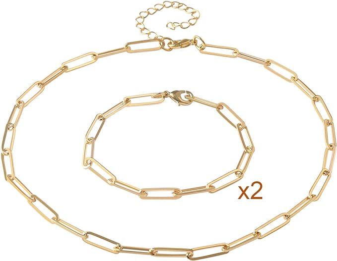 14k Real Gold Plated 4mm Oval Chain Link Choker Necklace Bracelets,Paperclip Link Necklaces,Chunk... | Amazon (US)
