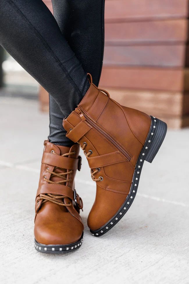 Veronica Leather Stud Camel Combat Boots | The Pink Lily Boutique