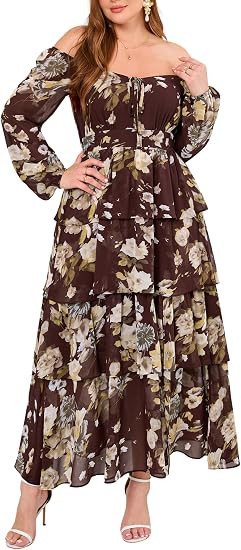 EYWOL Plus Size Long Sleeve Floral Tiered Semi Formal Wedding Guest Dress | Chiffon Maxi, On or O... | Amazon (US)