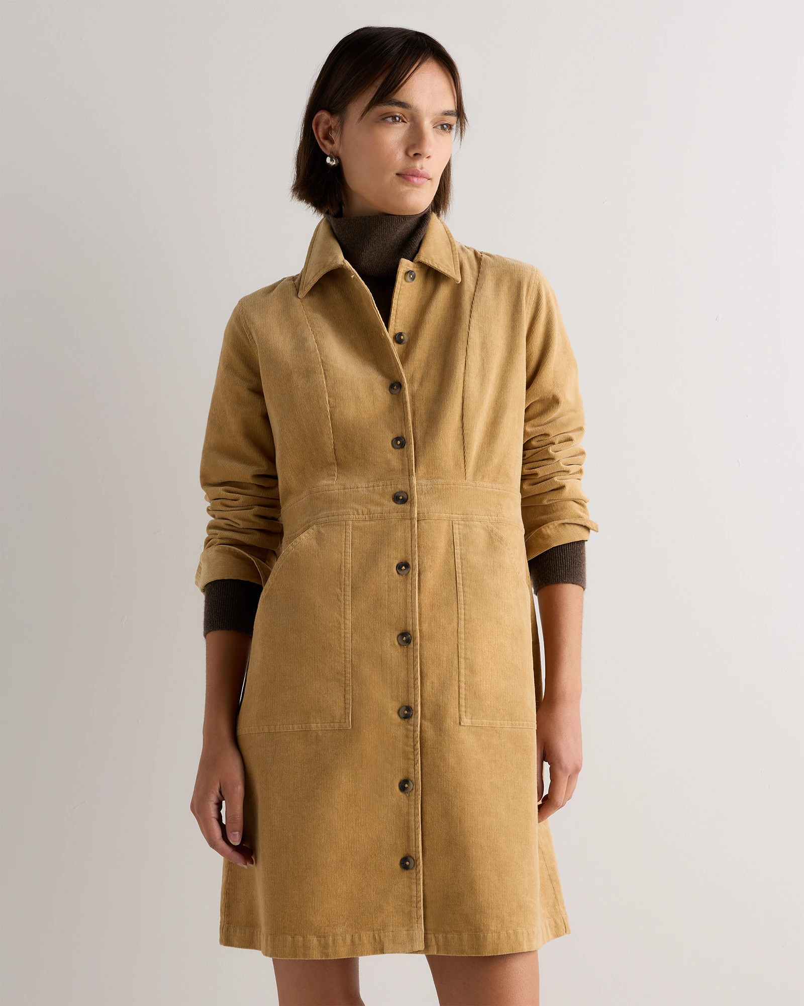 Quince | Women's Organic Stretch Corduroy Mini Shirt Dress in Espresso, Size Small, Organic Cotton | Quince