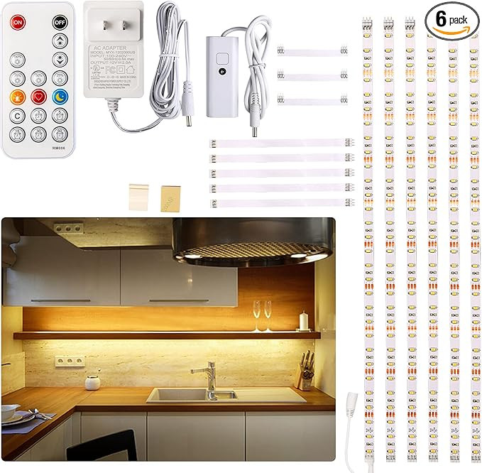 WOBANE Under Cabinet LED Lighting Kit, 6 PCS Dimmable LED Strip Lights with Remote Control Dimmer... | Amazon (US)