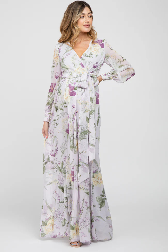 Lavender Floral Chiffon Long Sleeve Pleated Maternity Maxi Dress | PinkBlush Maternity