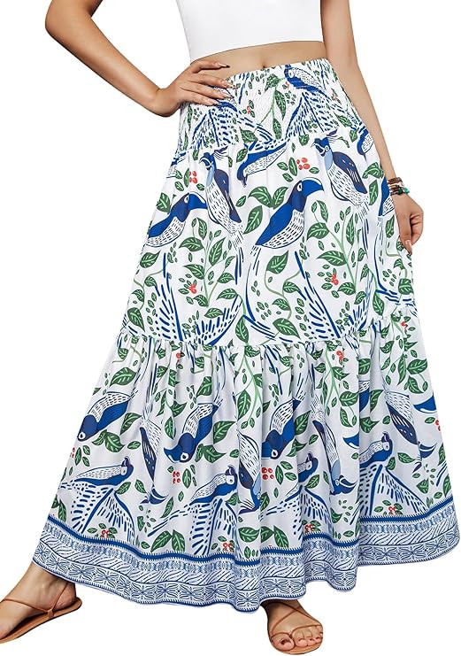 YHYJMY Women's Boho Skirt Elastic High Waist Pleated A-Line Flared Maxi Skirts Womens Flowy Long ... | Amazon (US)