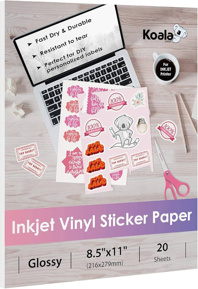 Koala Printable Vinyl Sticker Paper for Inkjet Printers - 20 Sheets Glossy White Water-Resistant ... | Amazon (US)