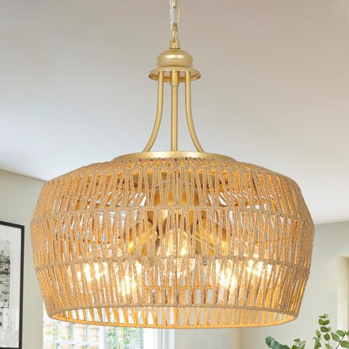 Gold Rattan Chandelier for Dining Room, 5-Light Boho Dining Room Light Fixture with Wicker Lampshade, Large Brass Pendant Hanging Light, Farmhouse Kitchen Chandelier for Island Bedroom Living Room | Amazon (US)