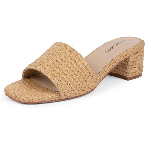 VICKI\u00b7VICKI Women\u2019s Raffia Slide Sandals, Low Heel Square Toe Open Toe Slip On Sandals ... | Amazon (US)