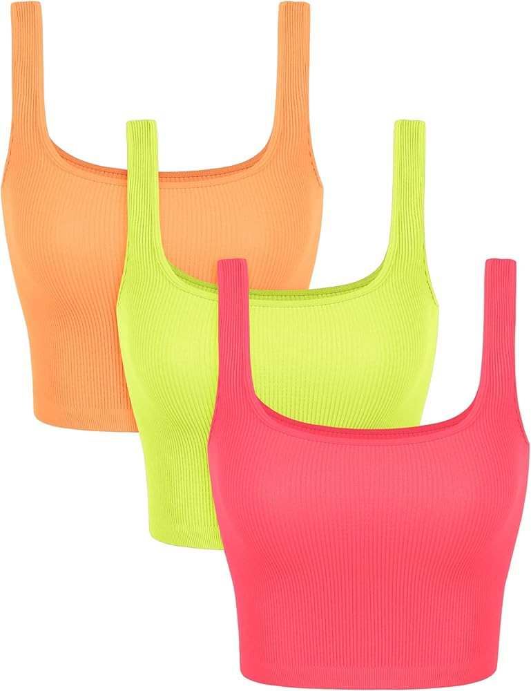ODODOS 3-Pack Seamless Square Neck Crop Tank for Women Ribbed Knit Soft Low Back Cropped Tops | Amazon (US)