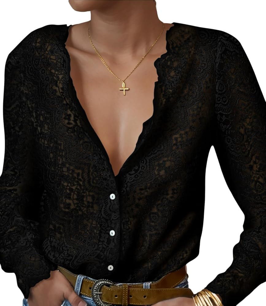 Lace Tops for Women Dressy Casual Blouses Puff Long Sleeve V Neck Button Down Business Work Shirt... | Amazon (US)