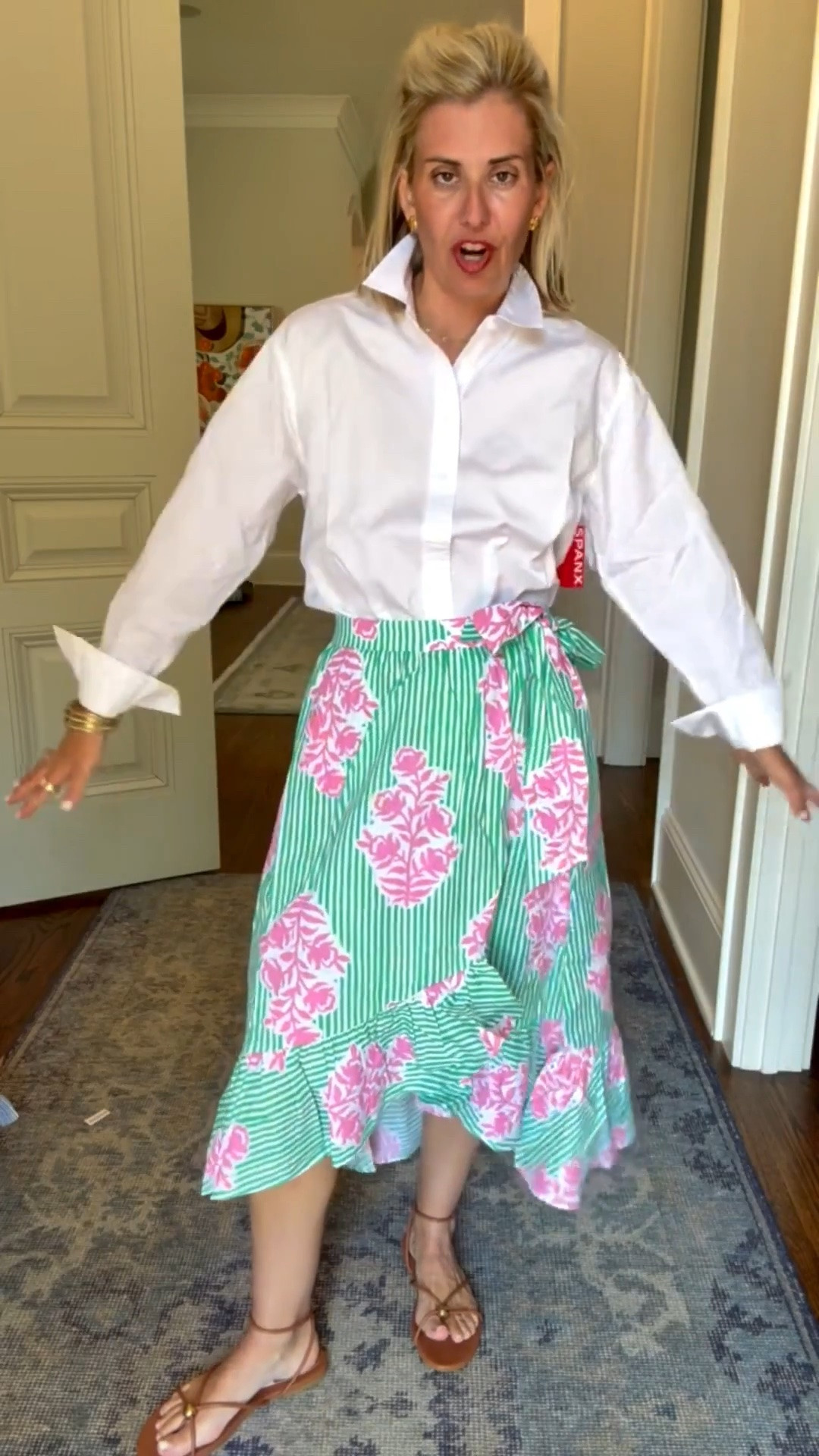 Oh yes, I am loving this Look! Always a fan of a white button down and pop that collar. I’m wearing xs in the blouse and skirt & 8 sandal tts. ￼ 

*Use code at Catherine10 at Sprinkled with Pink￼

#LTKdayinmylife #LTKmomlife #LTKOver40