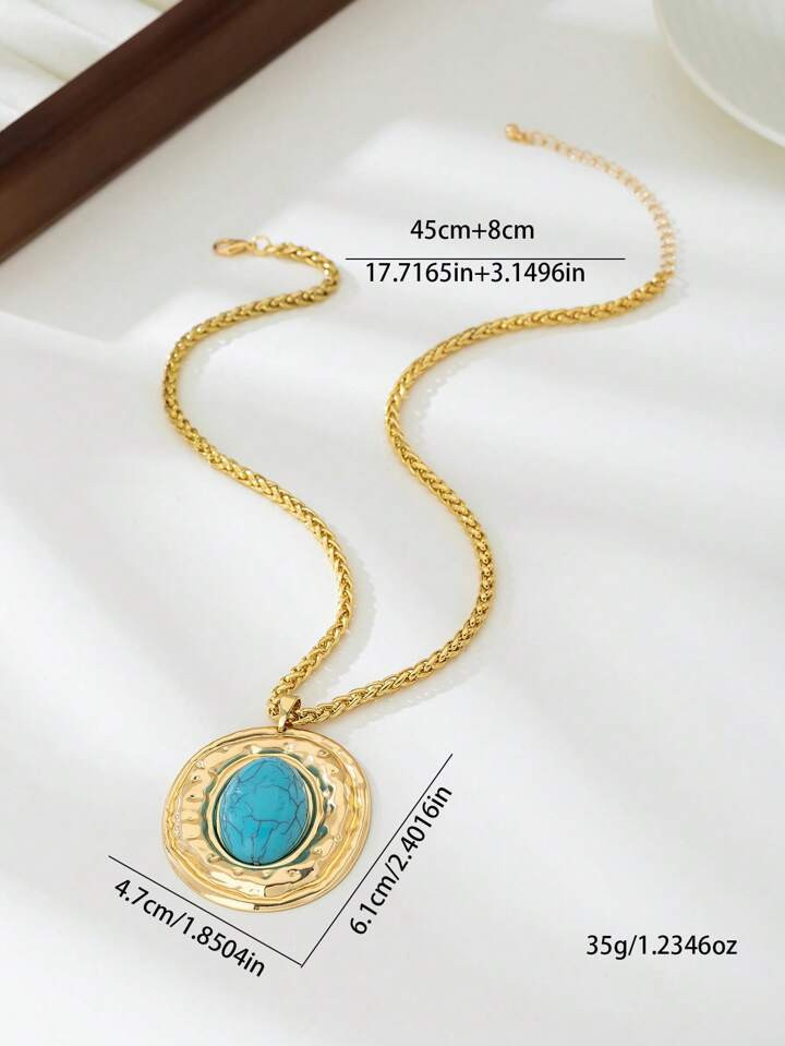 1pc Fashionable Snake Chain Necklace With Oval Faux Turquoise Pendant, Jewelry Accessory Suitable... | SHEIN