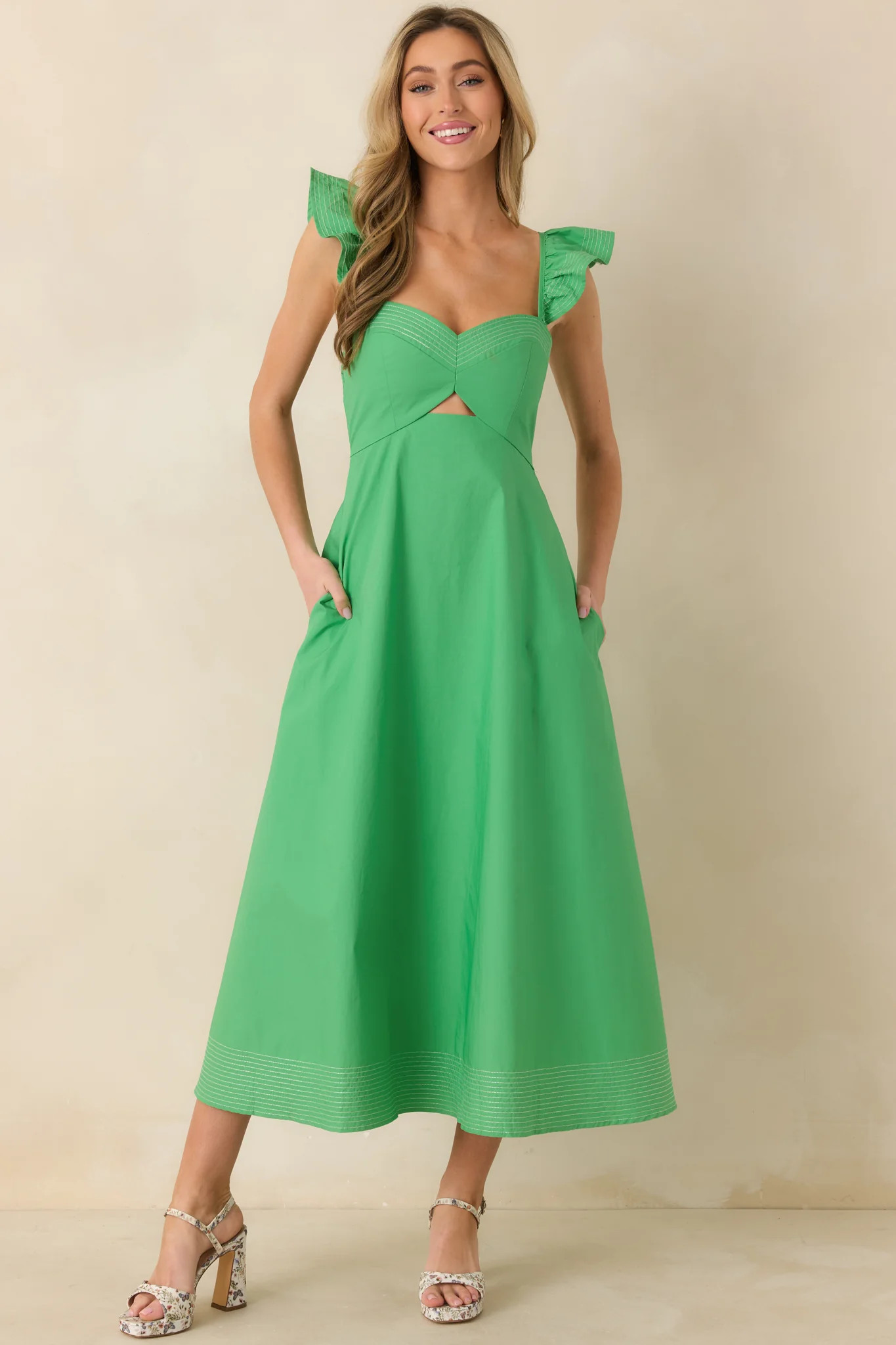 The Turning Point Green Cotton Cut Out Detail Flutter Sleeve Midi Dress | Red Dress
