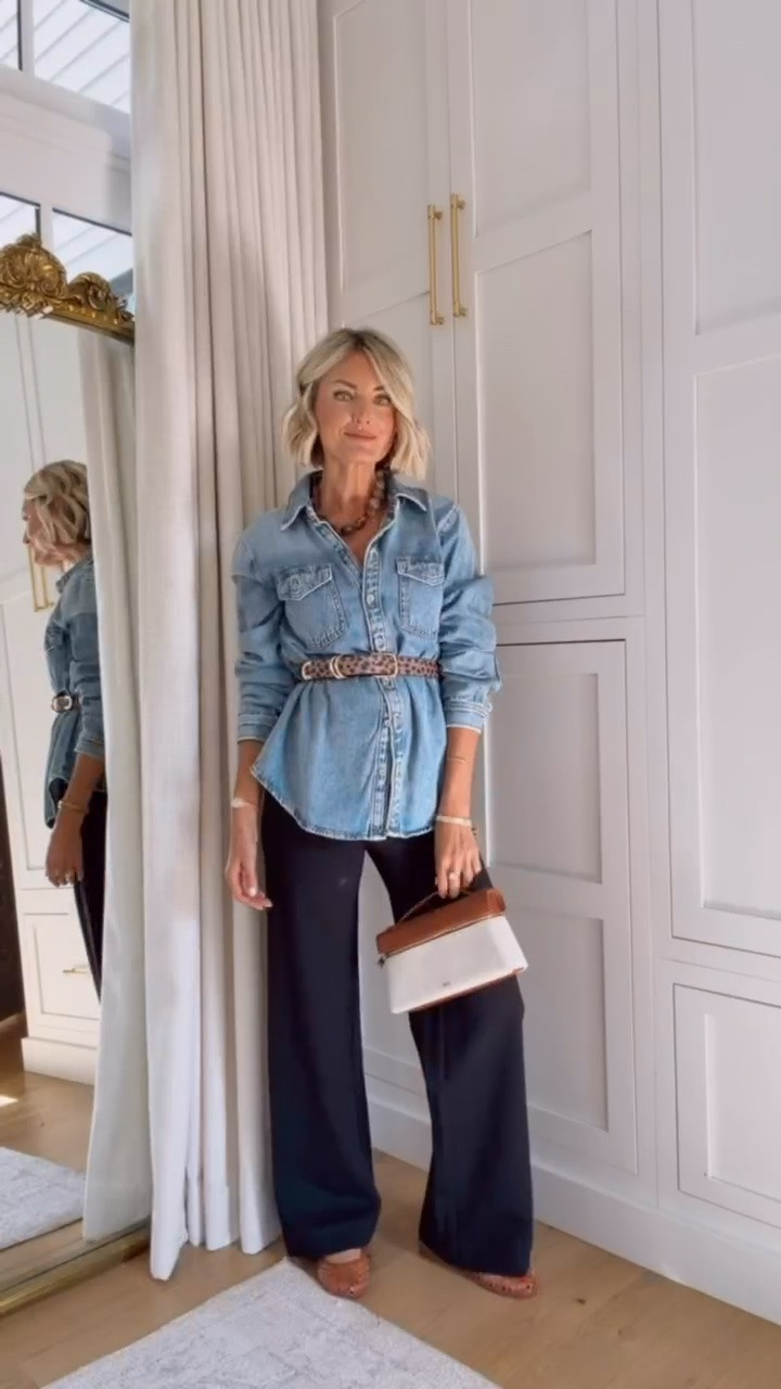 I just took off the jacket and added a belt to this look! I love how the belt gives you a little more shape! Wearing XS/00!

Loverly Grey, fall outfit, wide leg pants, fall workwear, denim button down, jelly flats

#LTKSeasonal #LTKWorkwear