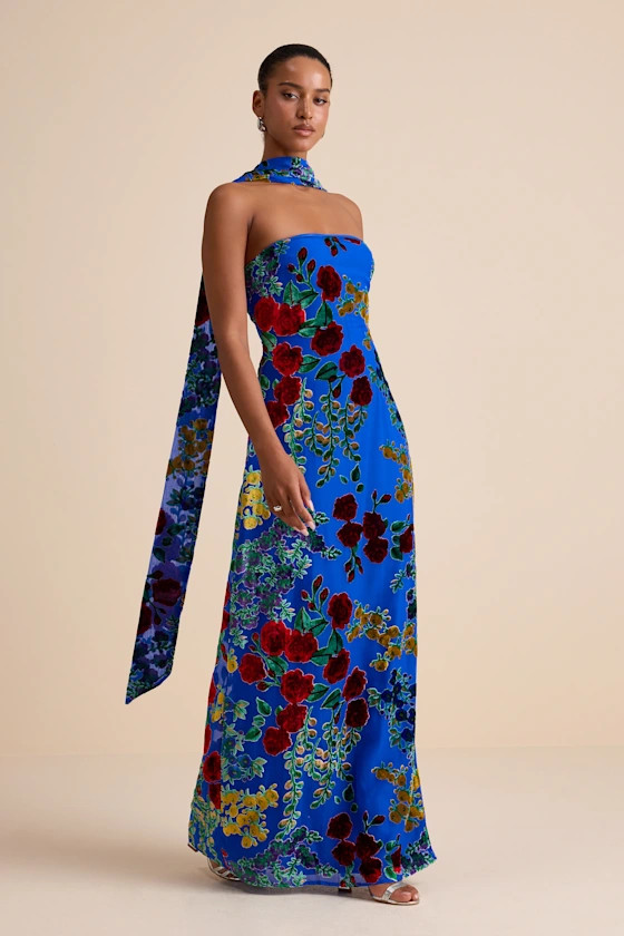 Corelia Blue Floral Velvet Burnout Strapless Sash Maxi Dress | Lulus