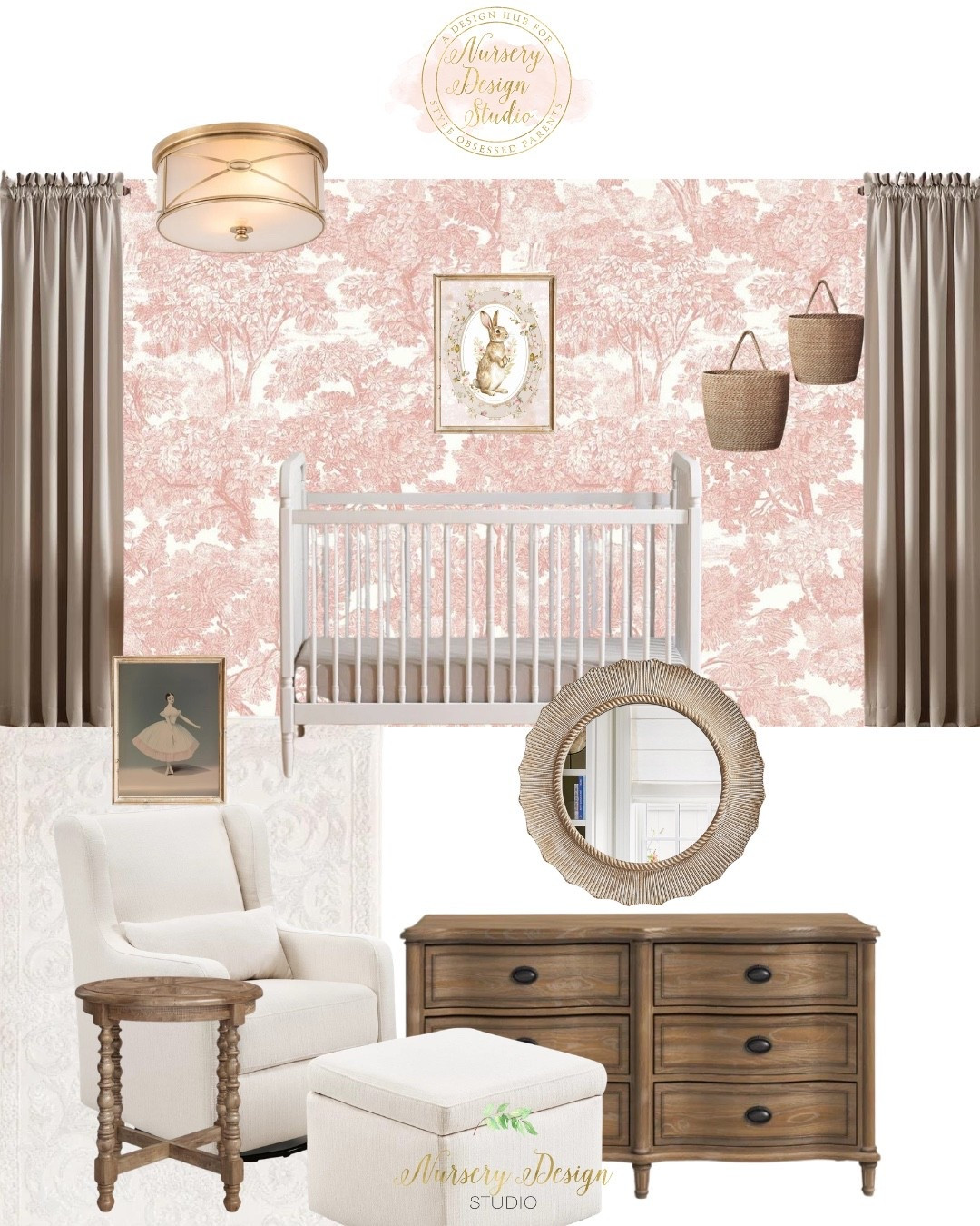 A timeless girl’s nursery layered in soft rose toile, warm wood and creamy neutrals—shop the classic spindle crib, traditional dresser, glider, vintage-inspired rug, woven mirror and sweet bunny art that give Caroline’s room its storybook charm.

#LTKBaby #LTKKids #LTKBump