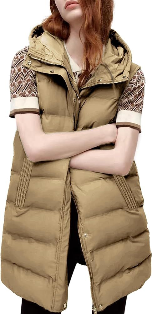 SCUSTY Womens Long Puffer Vest Sleeveless Coats Quilted Vests Outerwear Jackets with Hood | Amazon (US)