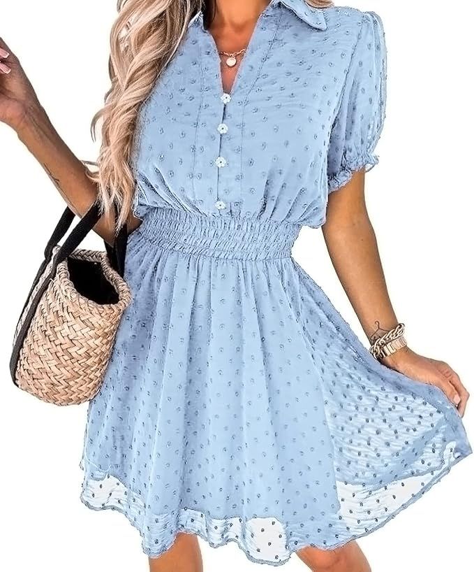 PRETTYGARDEN Women's Summer Dress Casual V Neck Short Sleeve Swiss Dots Elastic Waist A-line Flow... | Amazon (US)