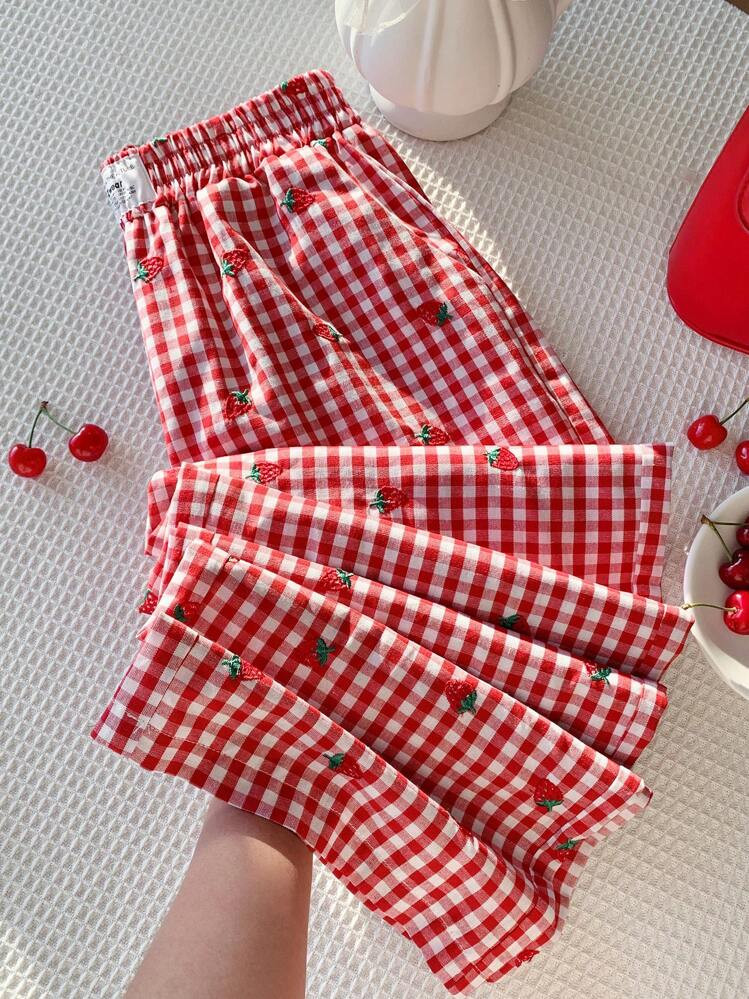 Comfortcana Women's Letter Patched Gingham Wide Leg Pants, Beach, Summer Holiday | SHEIN
