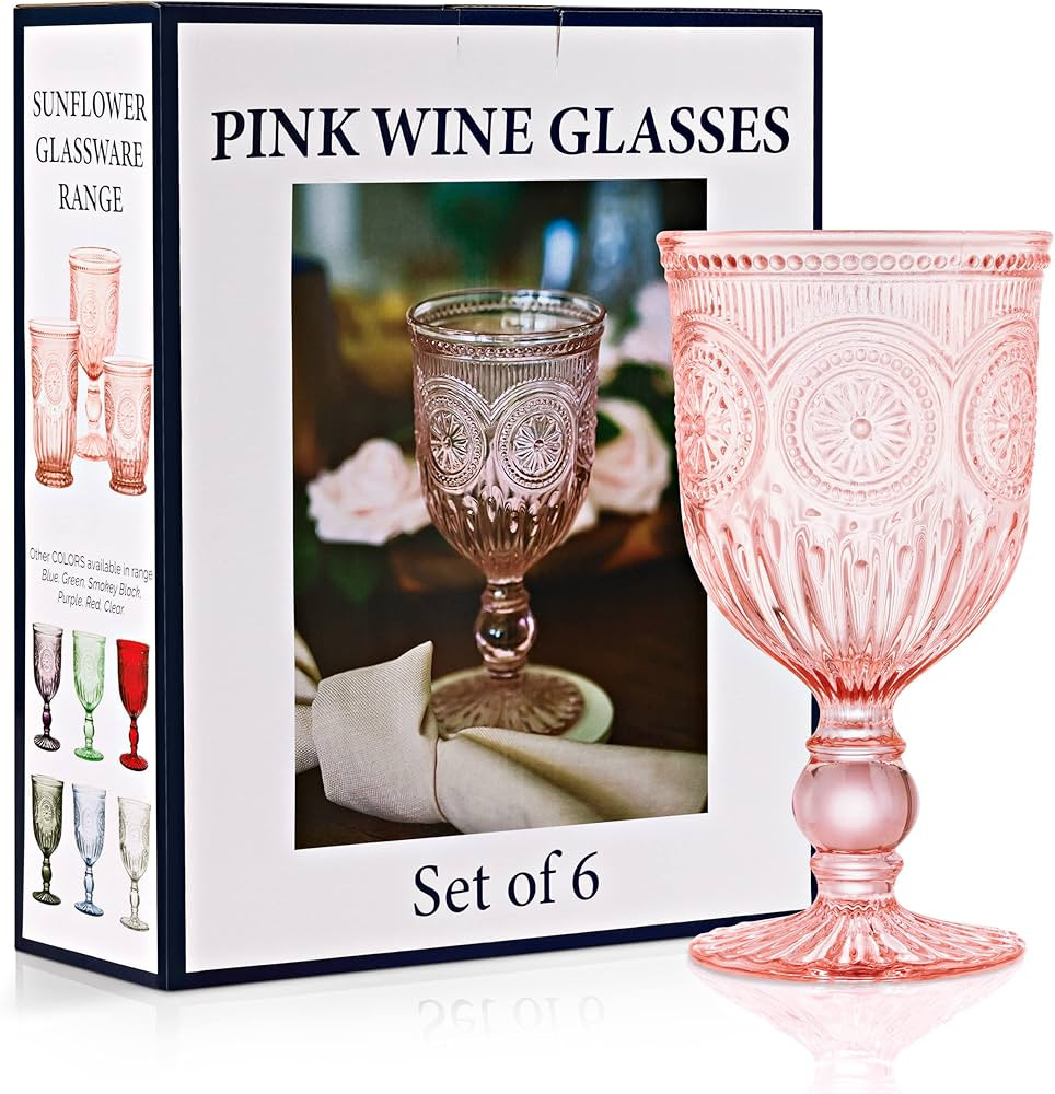 Pink Wine Glasses set of 6 pink goblets, dishwasher safe colored pink glassware, vintage style fo... | Amazon (US)