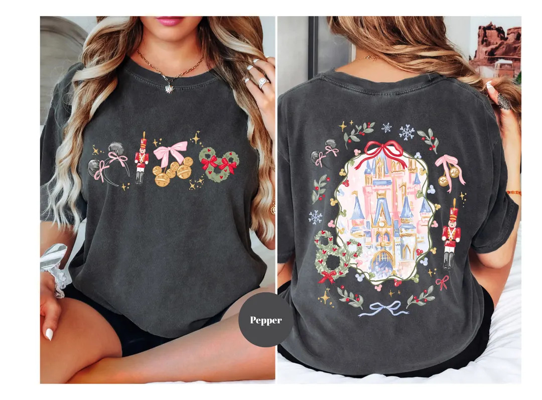Comfort Color® Disney Christmas Magic Castle Shirt Mickey Ear Xmas Shirt Coquette Bow Disney Chr... | Etsy (US)