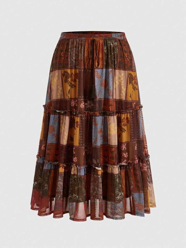 ROMWE PUNK Plus Size Patchwork Printed Vintage Skirt | SHEIN USA | SHEIN