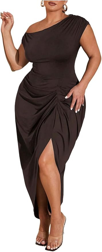 Floerns Women's Plus Size Asymmetrical Neck Long Dress Ruched Slit Hem Cocktail Dress | Amazon (US)