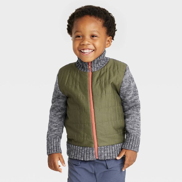 Toddler Boys' Quilted and Knit Zip-Up Sweater - Cat & Jack™ Olive Green | Target