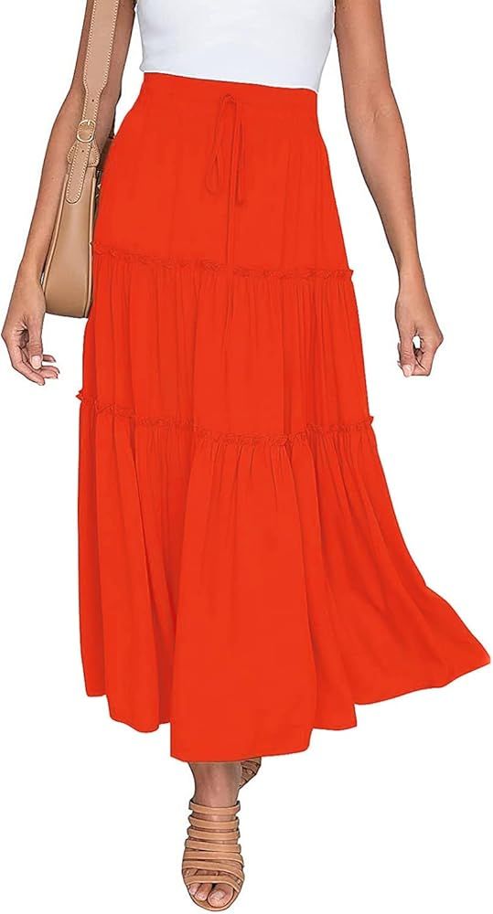 DREFBUFY Women's Boho Elastic High Waist A Line Ruffle Swing Beach Maxi Skirt with Pockets (Black... | Amazon (US)