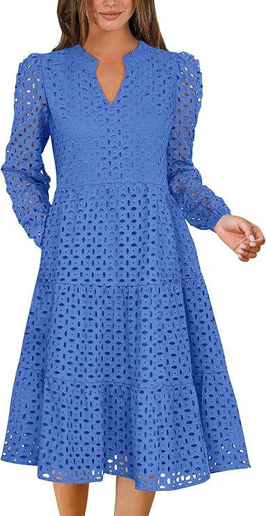 ANRABESS Womens Long Sleeve V Neck Midi Dresses Hollow Out Eyelet Casual Tiered 2025 Fall Beach V... | Amazon (US)