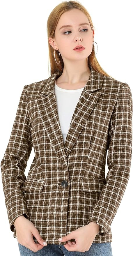 Allegra K Women's Notched Lapel One Button Boyfriend Blazer Suit Plaid Blazer Jacket | Amazon (US)