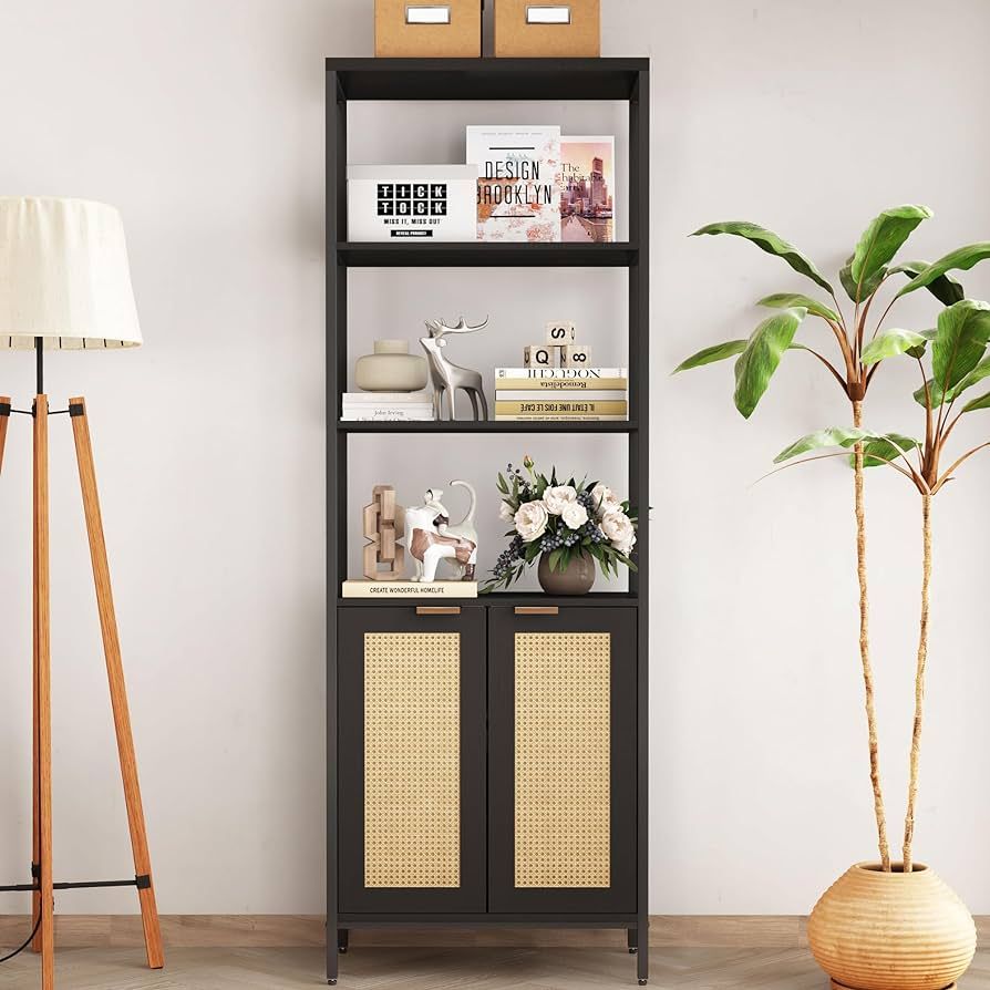 QHITTY Rattan Bookshelf, Accent Tall Bookcase Storage Cabinet with 3 Tier Open Shelves Book Shelf... | Amazon (US)