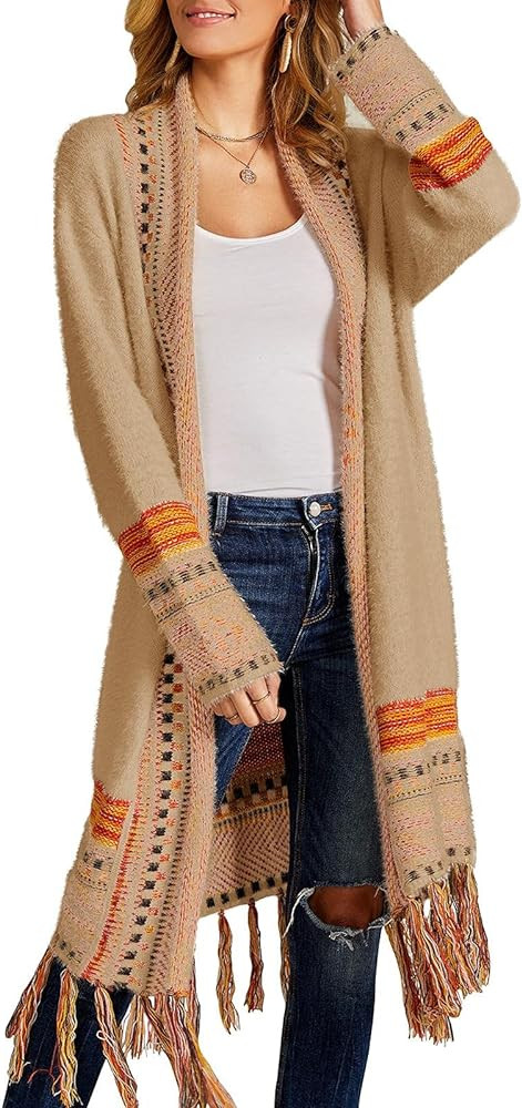 Misassy Womens Boho Open Front Long Cardigans Sweater Loose Long Sleeve Embroidery Tassels Kimono... | Amazon (US)