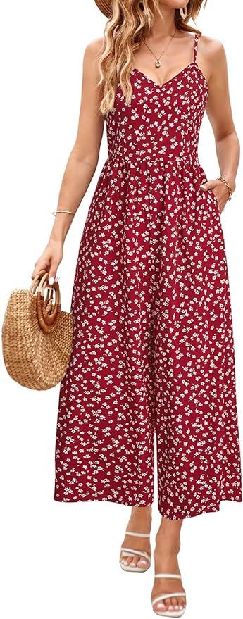 LAISHEN Wide Leg Jumpsuits for Women Dressy Casual 2024 Summer Rompers Smocked Sleeveless Floral ... | Amazon (US)