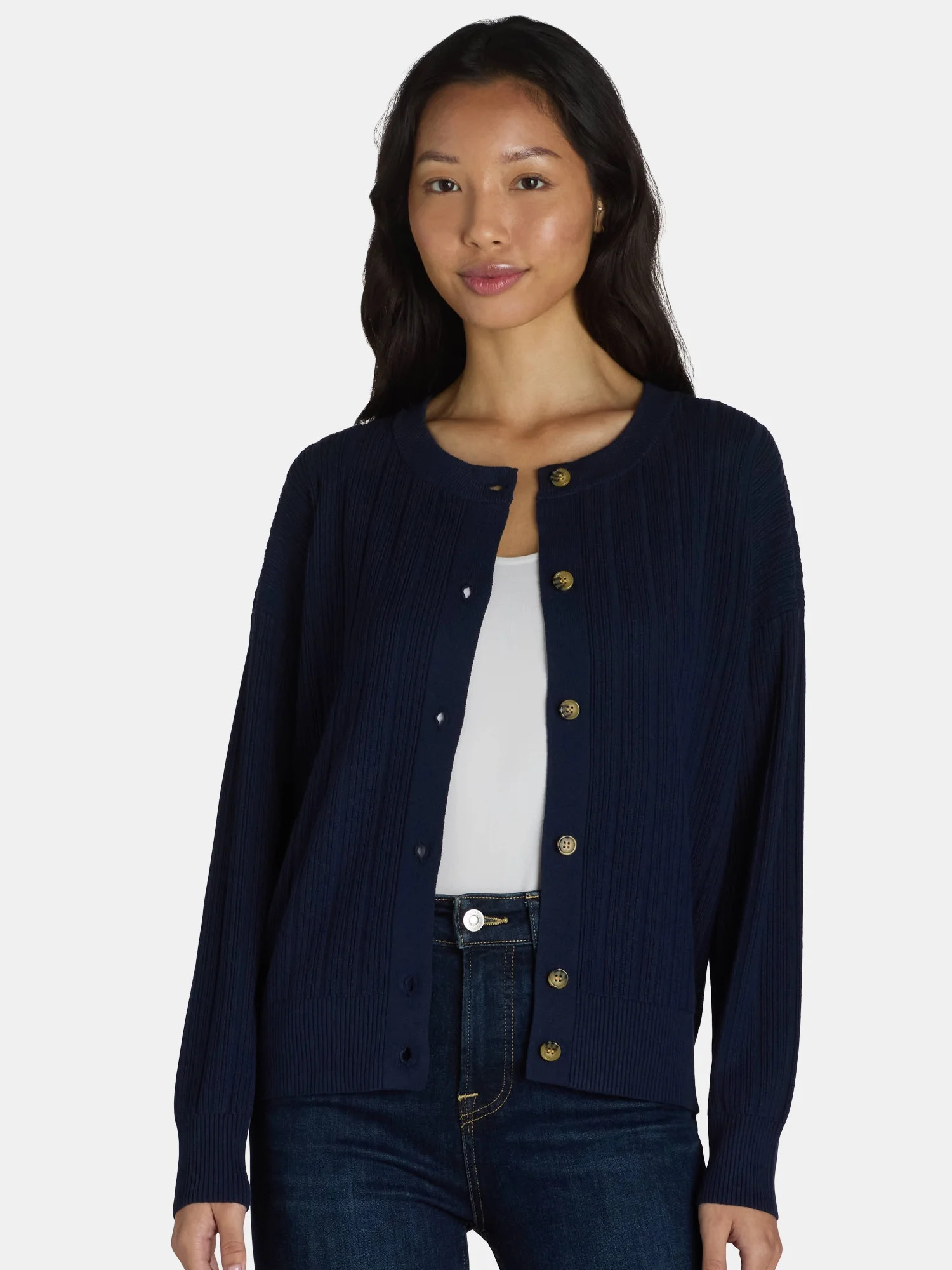 Time and Tru Women's Fine Gauge Rib Crew Cardigan with Long Sleeves, Sizes XS-XXXL | Walmart (US)