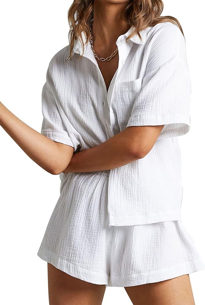 PEHMEA Women's Casual 2 Piece Outfits Cotton Linen Button Down Shirt Top Paper Bag Shorts Sets Tr... | Amazon (US)
