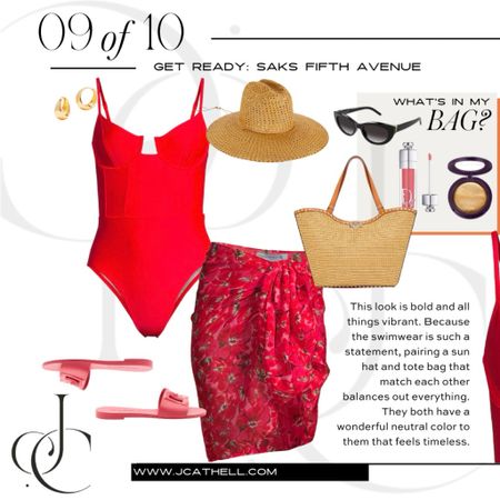 A vibrant pink and red cover up will compliment your new tan! All pieces from @Saks. 
 
#sakspartner
#saks

 hat, sandals, woven bag, one piece 

#LTKover40 #LTKtravel #LTKswim