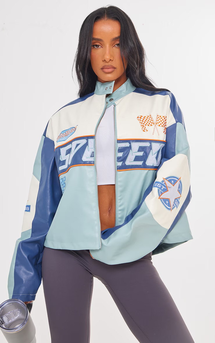 Blue Faux Leather Motor Graphic Front Oversized Jacket | PrettyLittleThing US