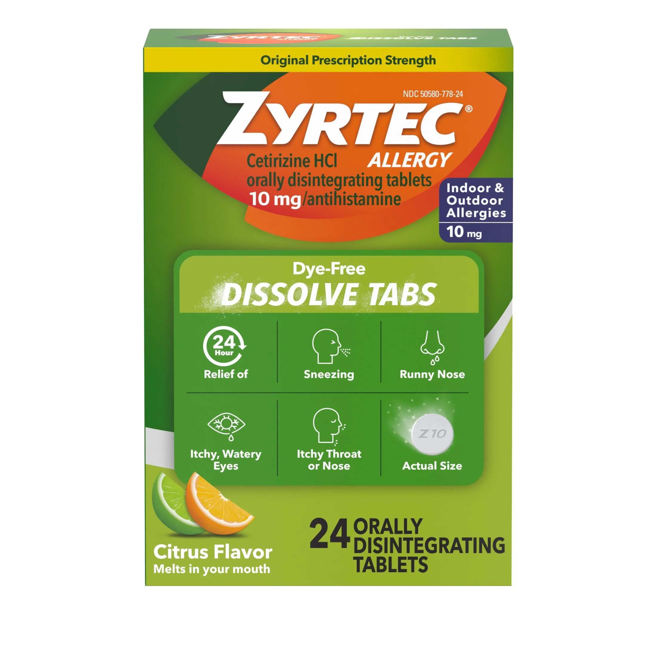 Zyrtec Allergy Dissolve Tablets, 10 mg Cetirizine HCl, Citrus, 24 Count | Walmart (US)