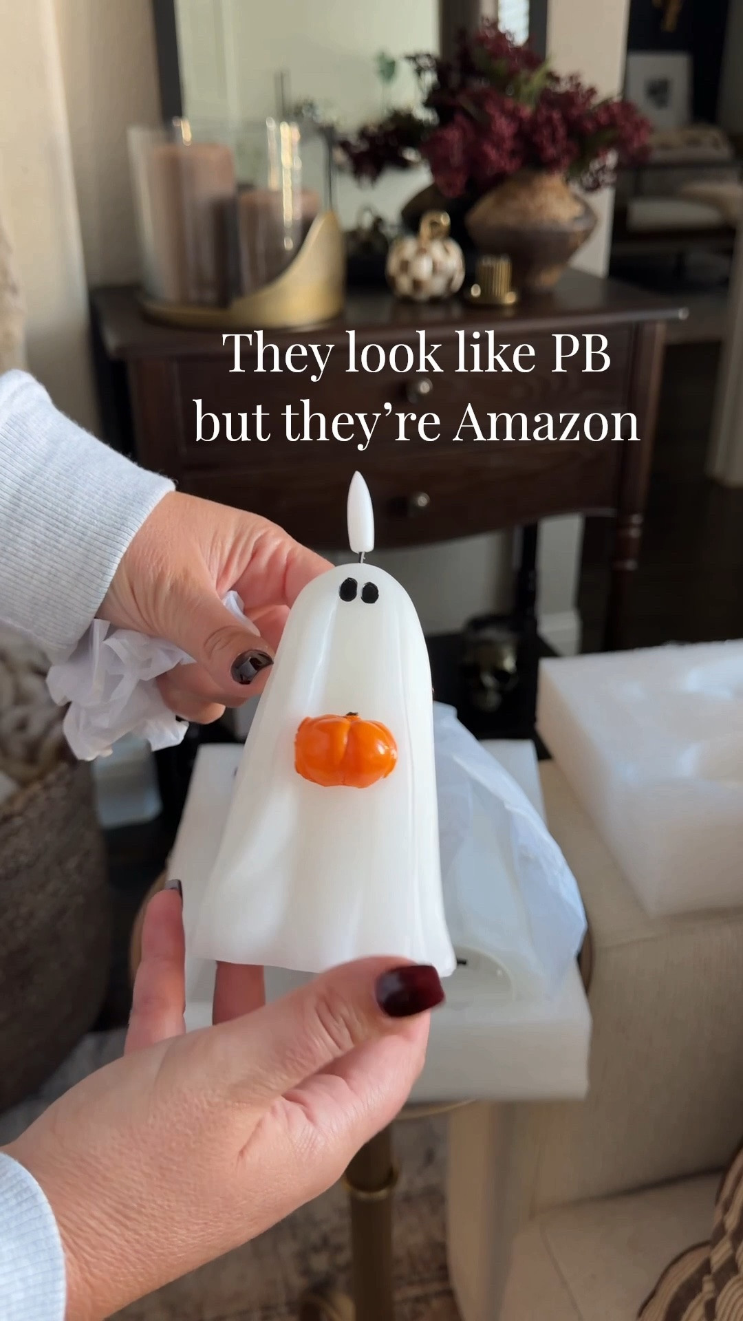 I mean, how cute are these adorable flameless ghost candles from Amazon, am I right?!? Not only are they affordable, but they’re flameless, they have a realistic flickering flame, they can be remote controlled and have adjustable brightness, flicker option, and timer options! Oh and it’s a real wax finish 🤩🤩🤩 Love them!!! We had several guests over yesterday and every one of them complimented these cuties!! They’re that good! Do it! You won’t regret it! 👻 They are seriously the perfect addition to your Halloween decor