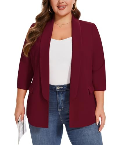 LADI TREND Women Plus Size Wine Red Blazer 3/4 Sleeve Open Front Shawl Collar Suit Blazers for Bussiness Casual,4XL | Amazon (US)