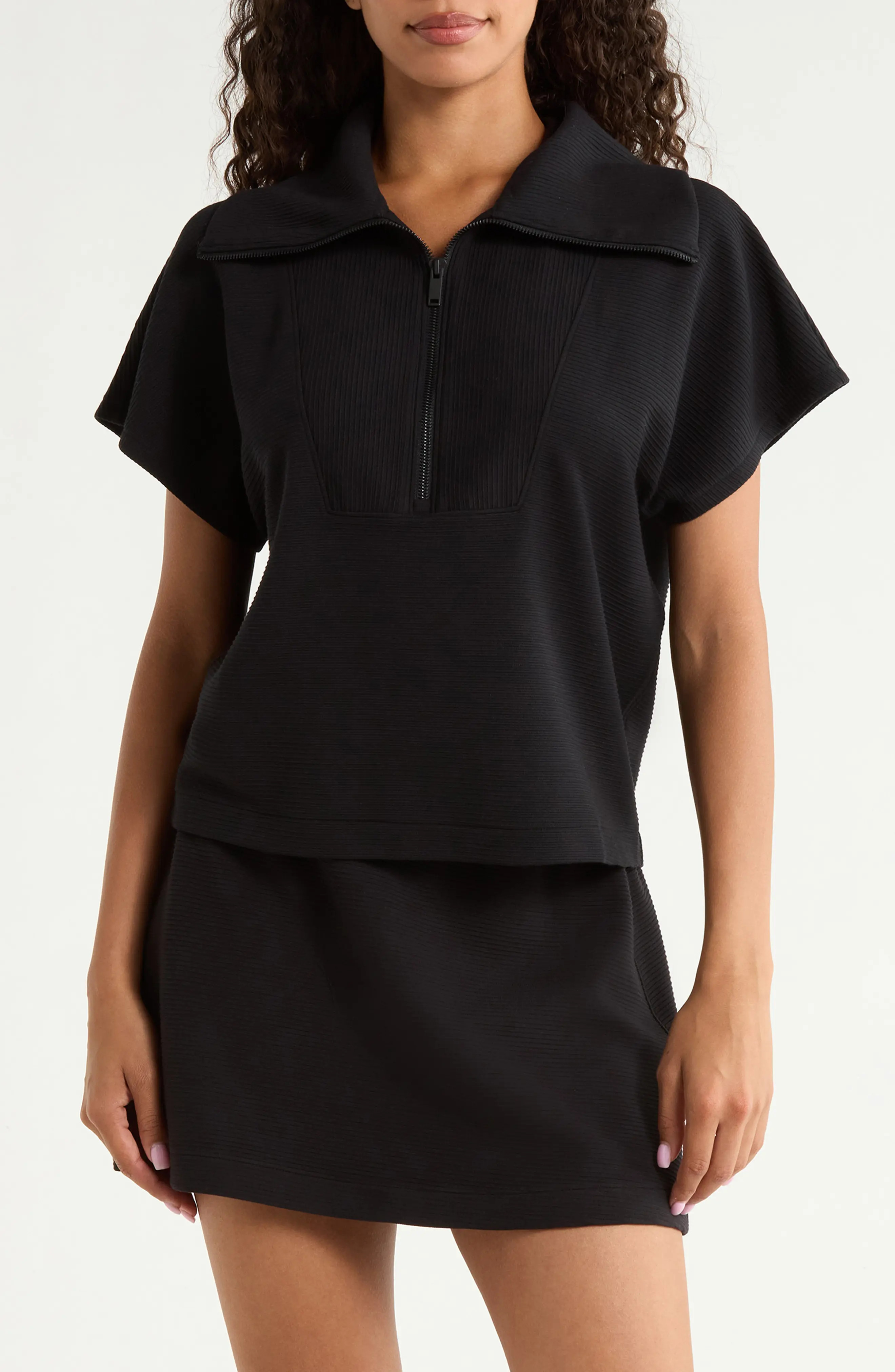 SPANX® Rib Short Sleeve Half Zip Pullover in Toasted Coconut at Nordstrom, Size X-Large | Nordstrom