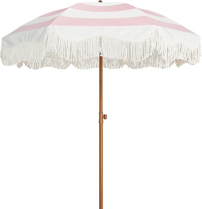 AMMSUN Boho Fringe Umbrella Outdoor Patio, 6.5ft UPF50+ Picnic Umbrella with Tassels with Steel P... | Amazon (US)