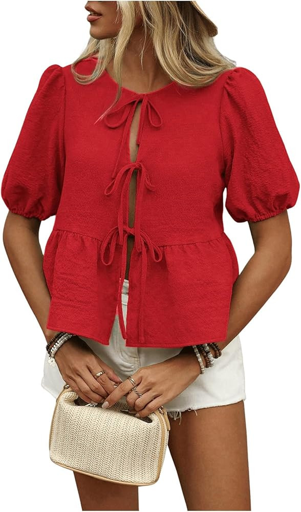 Floerns Women's Puff Sleeve Tie Front Peplum Top Crewneck Ruffle Hem Blouse Shirt Top | Amazon (US)