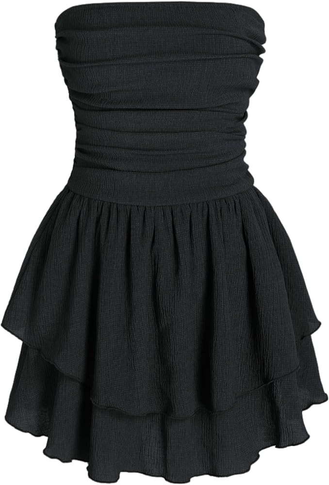 CIDER Women's Summer Cocktail Dress - Tube Ruched Ruffle Mini Dress | Amazon (US)