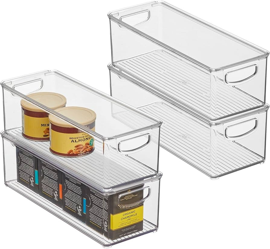 mDesign Slim Plastic Storage Bin Box Container with Lid and Built-In Handles - Organization for F... | Amazon (US)