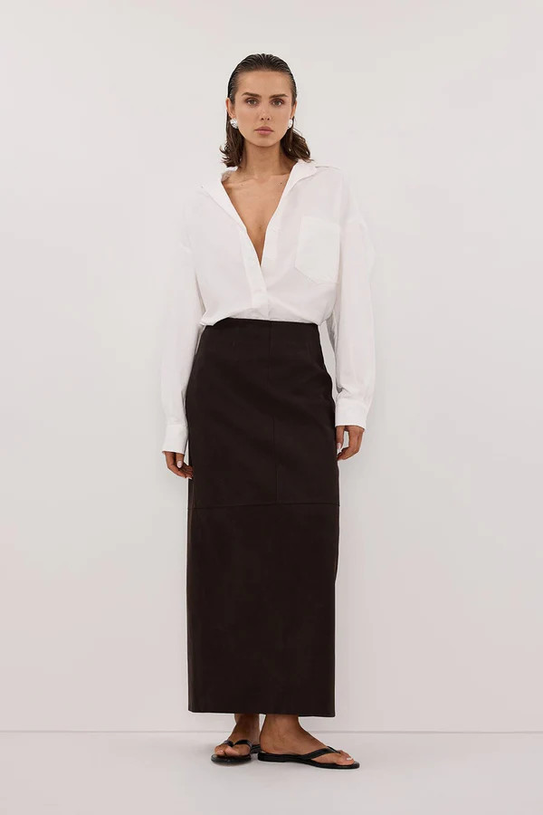 OTIS BITTER CHOC FAUX LEATHER MIDI SKIRT | DISSH