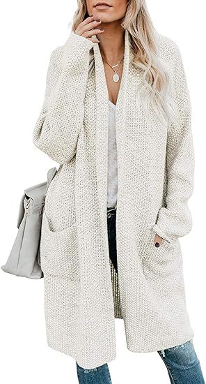 Women's Open Front Long Cardigan Sweater Oversized Cable Chunky Casual Knit Outwear with Pocket | Amazon (CA)