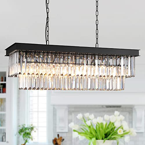 A AXILIXI rectangular crystal chandelier, a dupe for the RH Harlow crystal rectangular chandelier